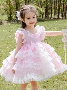 White Lace Pink Pure Color Children Sweet Lolita Sleeveless Cake Dress