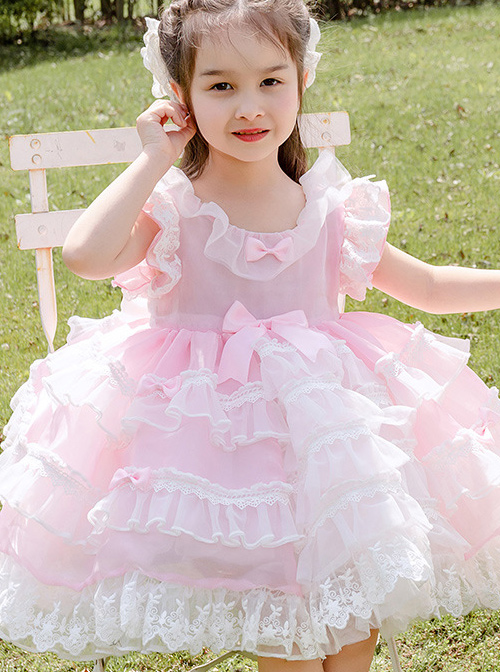 White Lace Pink Pure Color Children Sweet Lolita Sleeveless Cake Dress