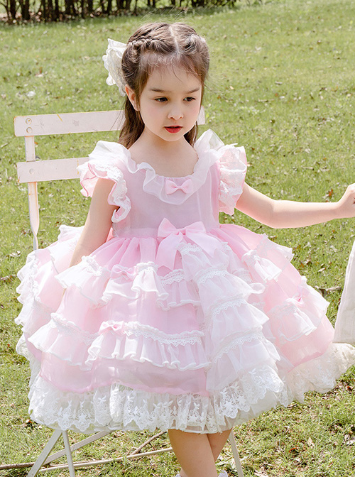 White Lace Pink Pure Color Children Sweet Lolita Sleeveless Cake Dress