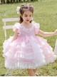 White Lace Pink Pure Color Children Sweet Lolita Sleeveless Cake Dress