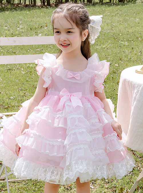 White Lace Pink Pure Color Children Sweet Lolita Sleeveless Cake Dress