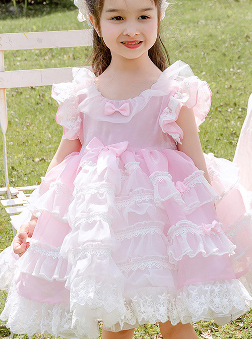 White Lace Pink Pure Color Children Sweet Lolita Sleeveless Cake Dress