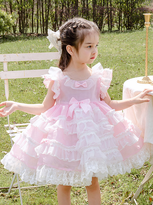 White Lace Pink Pure Color Children Sweet Lolita Sleeveless Cake Dress