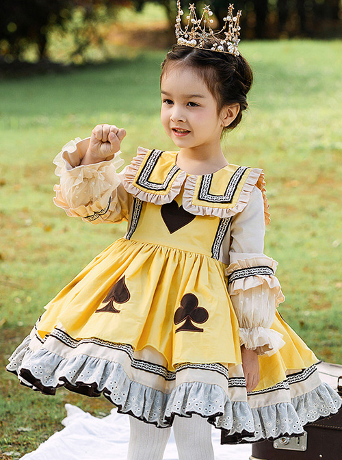 Poker Cards Pattern Yellow Plus Velvet Children Sweet Lolita Long Sleeve Dress