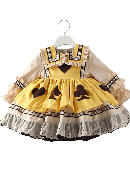 Poker Cards Pattern Yellow Plus Velvet Children Sweet Lolita Long Sleeve Dress