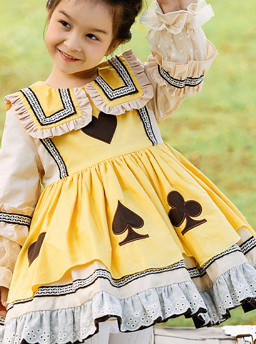 Poker Cards Pattern Yellow Plus Velvet Children Sweet Lolita Long Sleeve Dress