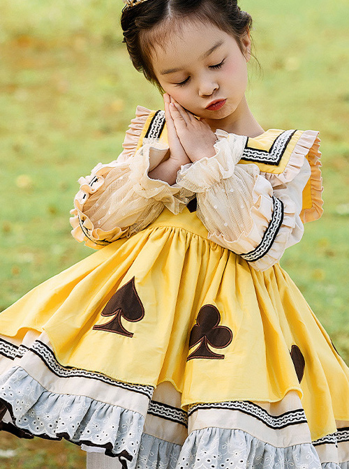 Poker Cards Pattern Yellow Plus Velvet Children Sweet Lolita Long Sleeve Dress