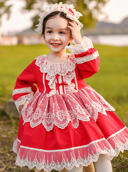 White Lace Red Pure Color Children Sweet Lolita Long Sleeve Dress