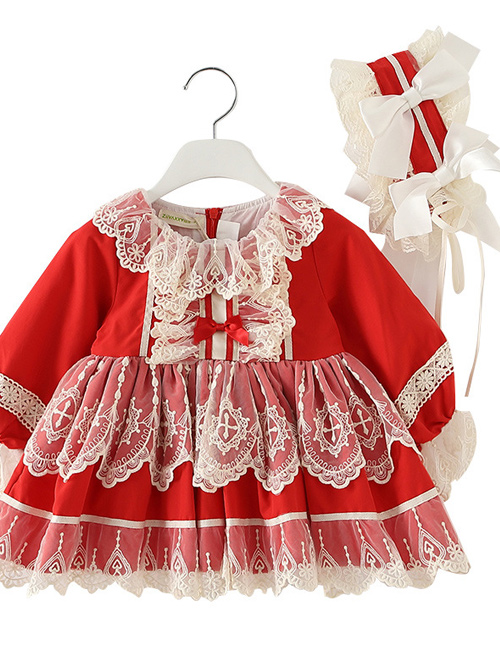 White Lace Red Pure Color Children Sweet Lolita Long Sleeve Dress