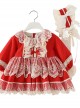 White Lace Red Pure Color Children Sweet Lolita Long Sleeve Dress