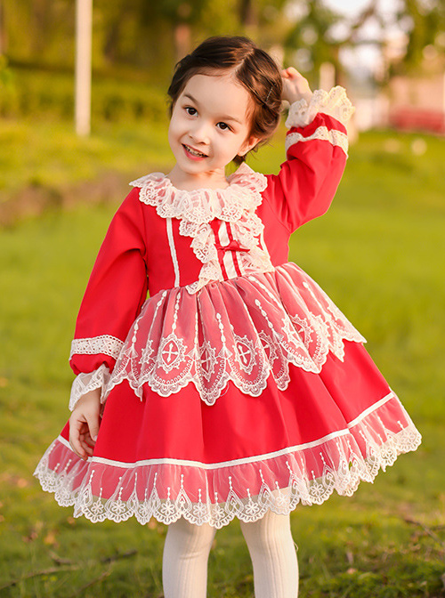 White Lace Red Pure Color Children Sweet Lolita Long Sleeve Dress