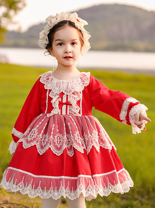 White Lace Red Pure Color Children Sweet Lolita Long Sleeve Dress