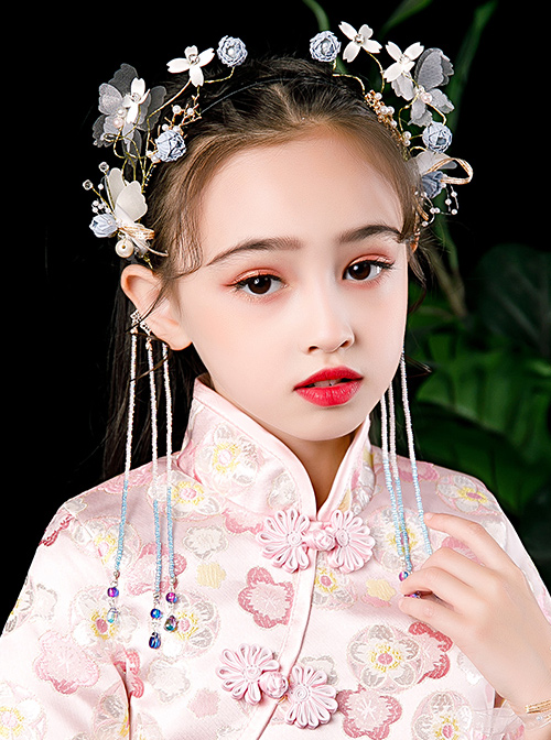 Children Chinese Style Hanfu Tassels Flower Butterfly Hairband And Wrist Flower Set