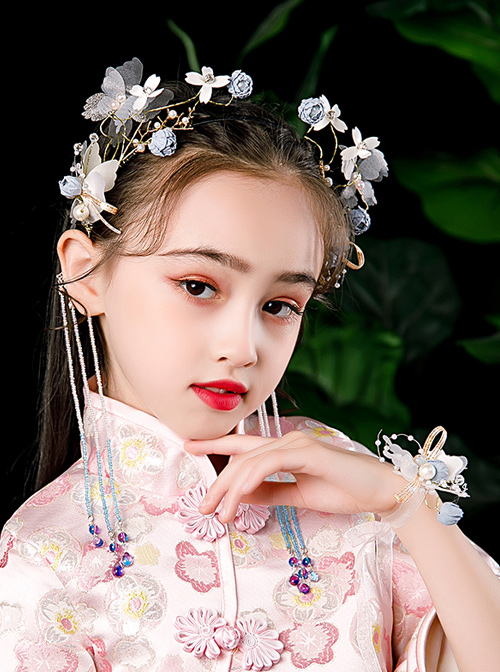 Children Chinese Style Hanfu Tassels Flower Butterfly Hairband And Wrist Flower Set