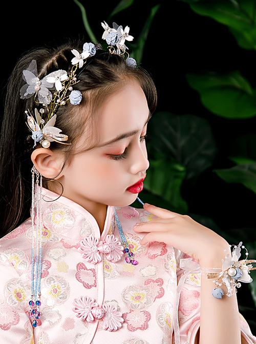 Children Chinese Style Hanfu Tassels Flower Butterfly Hairband And Wrist Flower Set