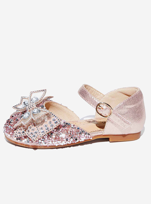 Sweet Mesh Bowknot Rhinestone Vamp Children Princess Flat shoes