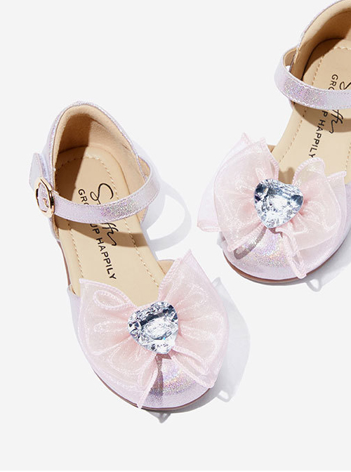 Tulle Bowknot Heart Shaped Rhinestone Children Sweet Lolita Flat Shoes