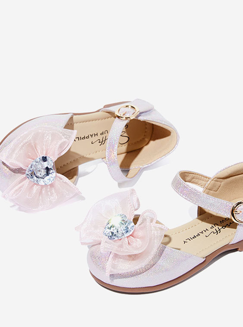 Tulle Bowknot Heart Shaped Rhinestone Children Sweet Lolita Flat Shoes