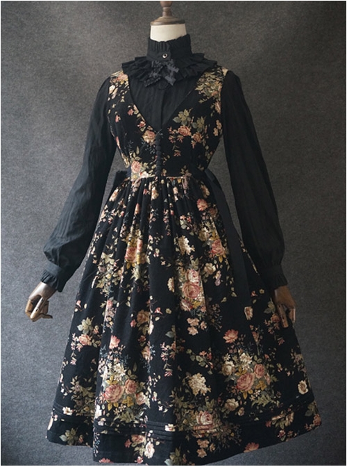 Elegant Black Flowers V Collar Lolita Vest Dress