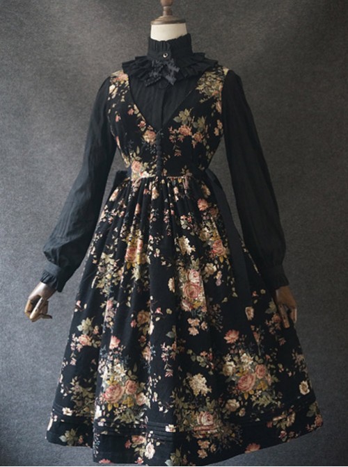 Elegant Black Flowers V Collar Lolita Vest Dress