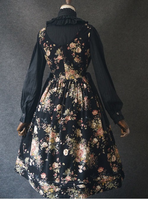 Elegant Black Flowers V Collar Lolita Vest Dress