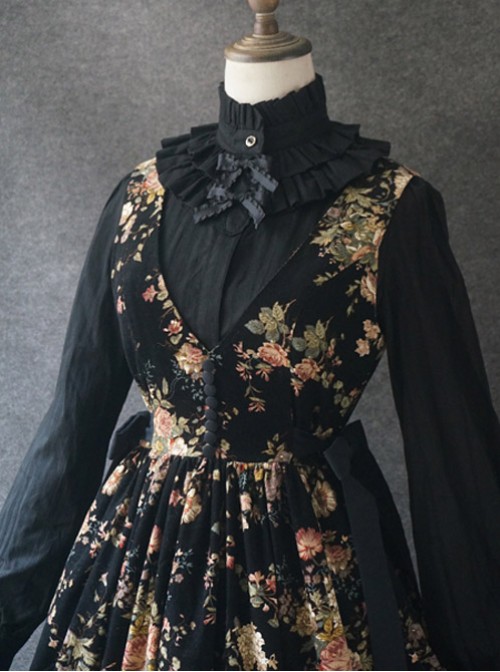 Elegant Black Flowers V Collar Lolita Vest Dress