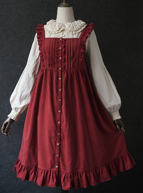  Dark Red Fungus Lace Corduroy Skirt Sweet Lolita Dress