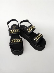 Black Thick Bottom Muffin Shoes Sandals Metal Decoration