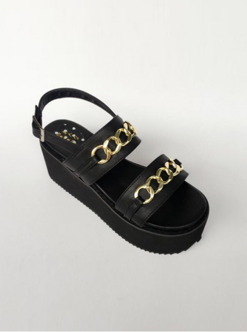 Black Thick Bottom Muffin Shoes Sandals Metal Decoration