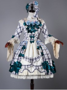 Neckline Lace Embroidery  Blue High Waist Skirt Dress