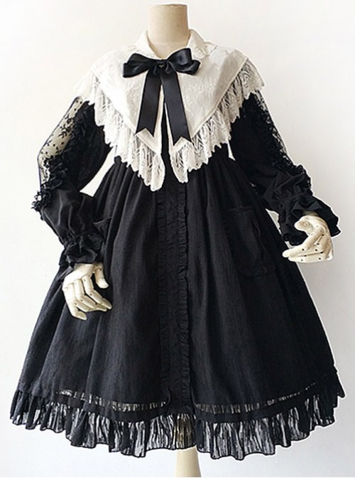 Black Lace Jacquard Cotton Cotton Material Waisted Doll Dress