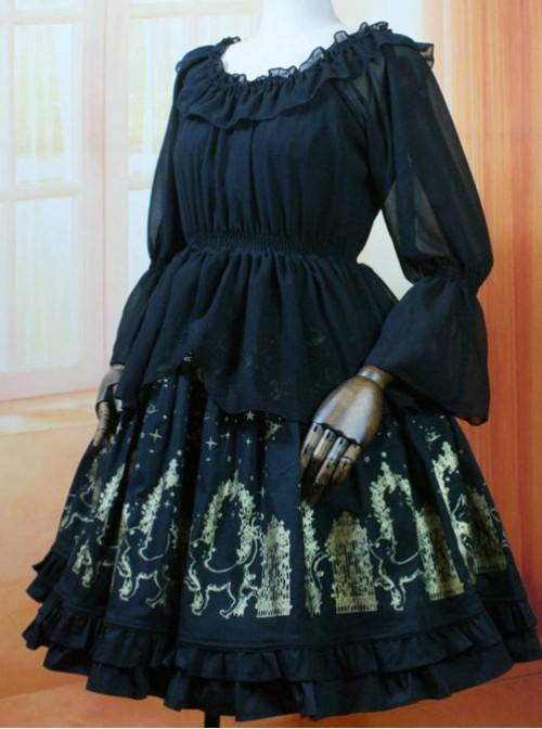 Black Lotus Leaf Edge Chiffon Wear Inside Dual Purpose Long SleevedClothes 