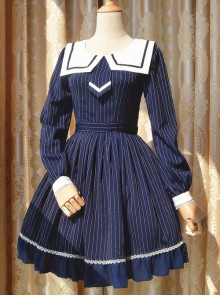 College Uniform Style Sailor Collar Navy Blue Stripes School Lolita Long Sleeve Dress