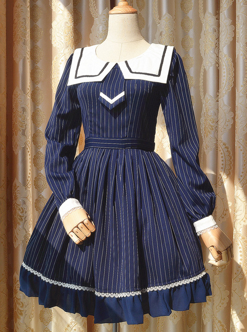 College Uniform Style Sailor Collar Navy Blue Stripes School Lolita Long Sleeve Dress