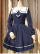 College Uniform Style Sailor Collar Navy Blue Stripes School Lolita Long Sleeve Dress