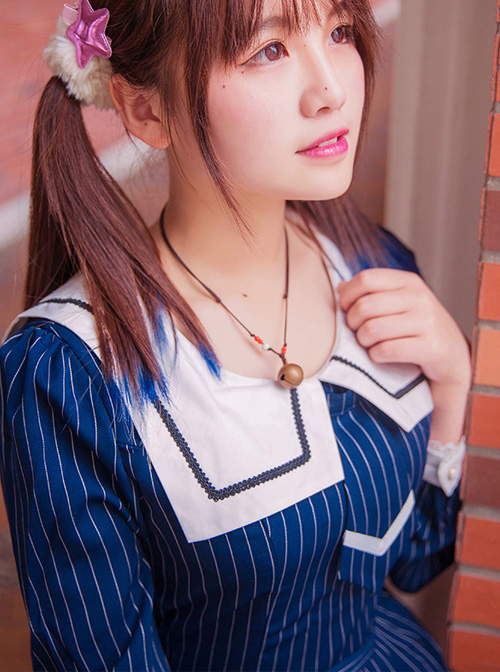 College Uniform Style Sailor Collar Navy Blue Stripes School Lolita Long Sleeve Dress