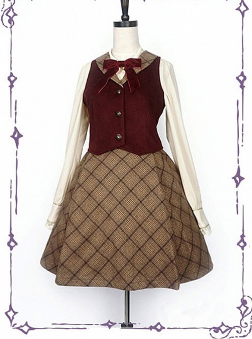 College School Uniform Style Red Waistcoat And Brown Plaid Skirt School Lolita Set