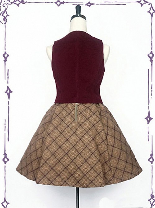 College School Uniform Style Red Waistcoat And Brown Plaid Skirt School Lolita Set