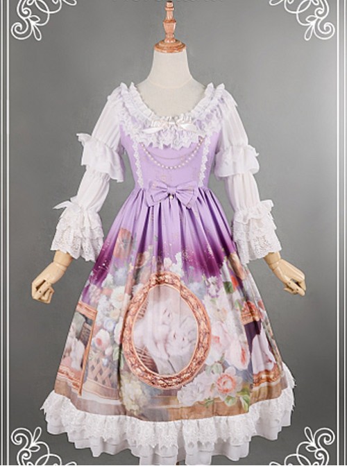 Purple Adorable Round Collar Detachable Sleeves Oil Painting Printed Lolita Dress