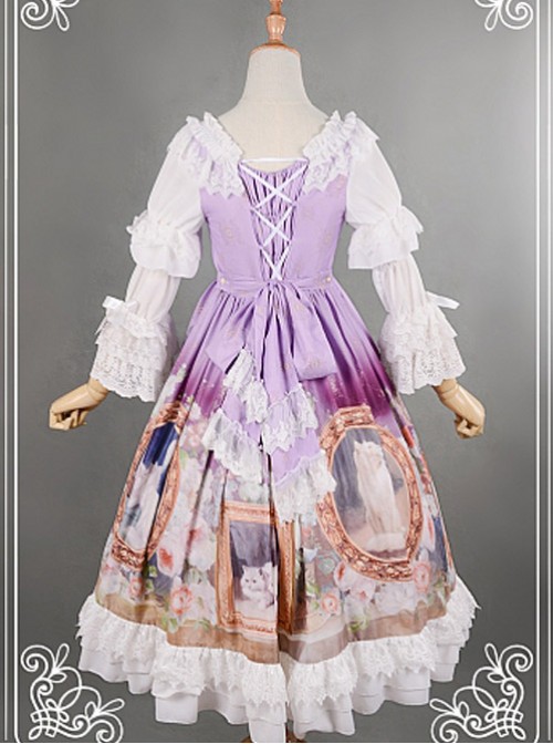 Purple Adorable Round Collar Detachable Sleeves Oil Painting Printed Lolita Dress