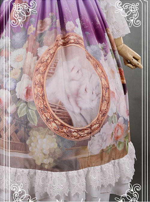 Purple Adorable Round Collar Detachable Sleeves Oil Painting Printed Lolita Dress