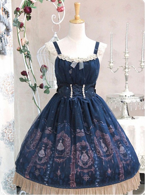 Blue Lace Trimmed Straps Waist Dress