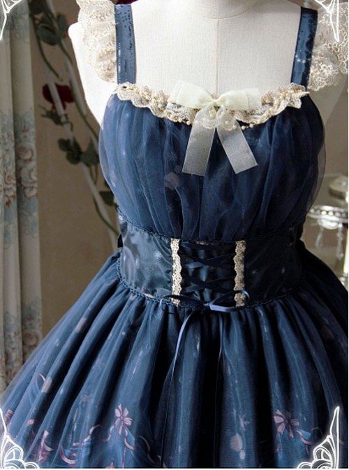 Blue Lace Trimmed Straps Waist Dress