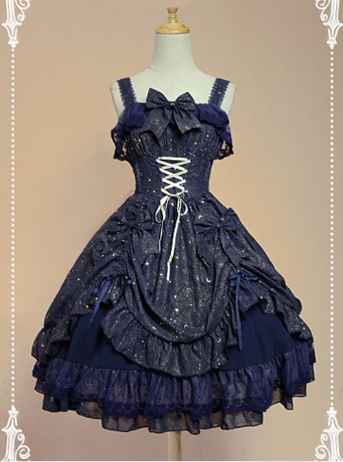 Dark Blue Bow Knot At Neckline Lace Wrinkle Vest Skirt