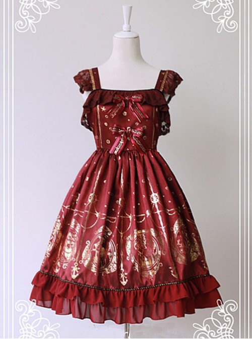 Wine Red Available Pleated Short Sleeves Flounce Hemline Dress