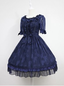 Dark Blue Short Sleeves With Flounce Hemline Lace Dress