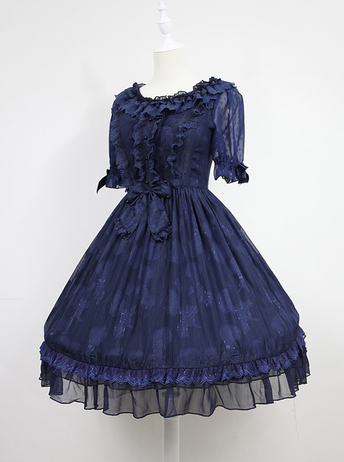 Dark Blue Short Sleeves With Flounce Hemline Lace Dress