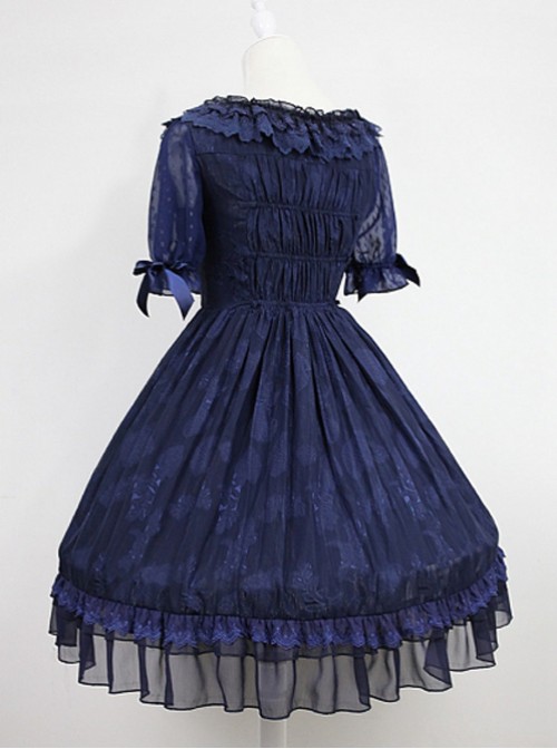 Dark Blue Short Sleeves With Flounce Hemline Lace Dress