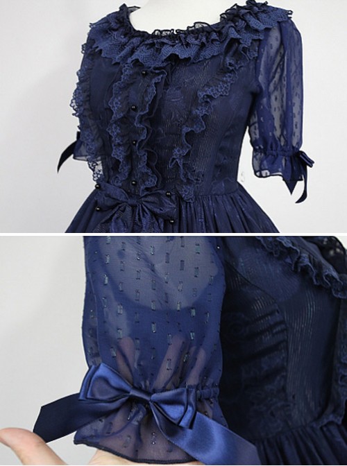 Dark Blue Short Sleeves With Flounce Hemline Lace Dress