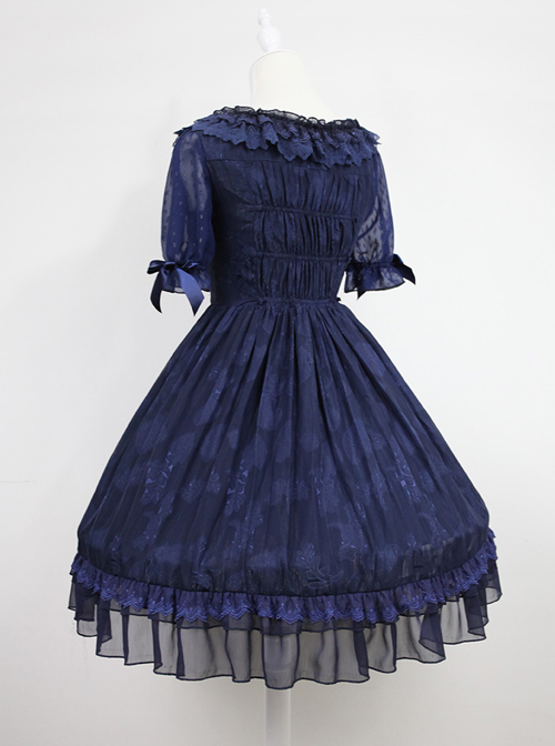 Dark Blue Short Sleeves With Flounce Hemline Lace Dress